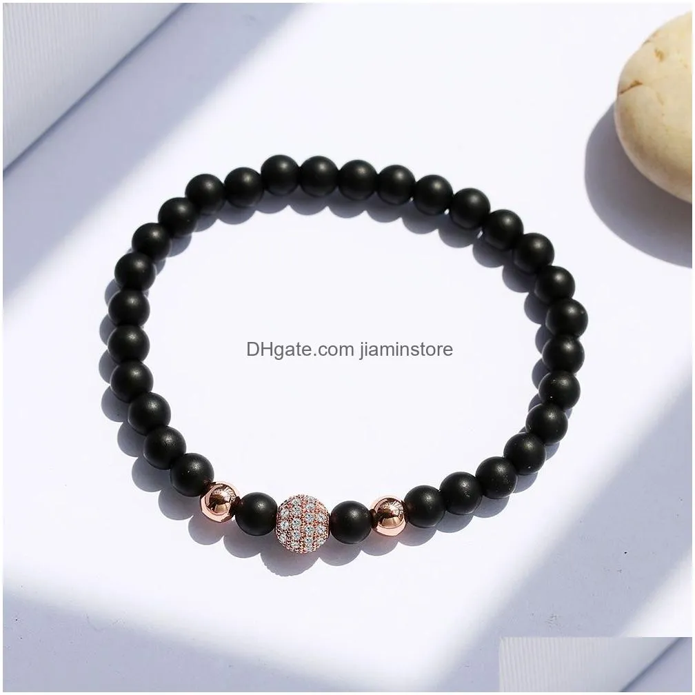 high quality 6mm matte black nature stone strands beaded bracelet for women men elastic silver gold crystal shiny copper beads charm bracelets jewelry
