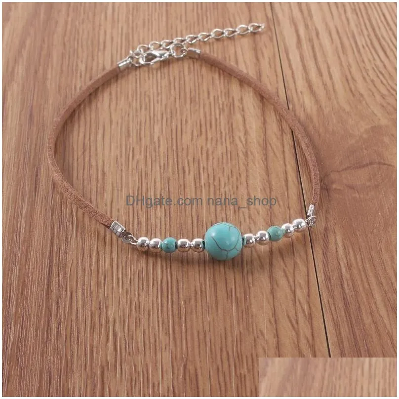 new bohemian velvet blue turquoise beaded ankle for women men beach silver beads lady fashion anklets foot jewelry on the leg