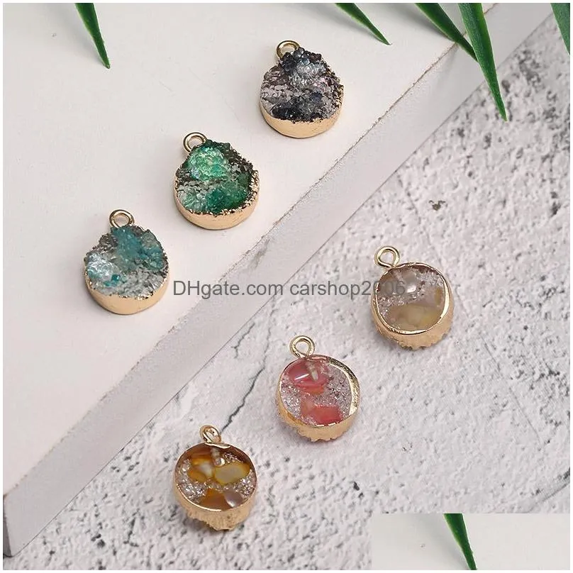 trendy resin druzy round stone pendant charms gemstone with gold plated multi color double side diy bracelet earring necklace jewelry