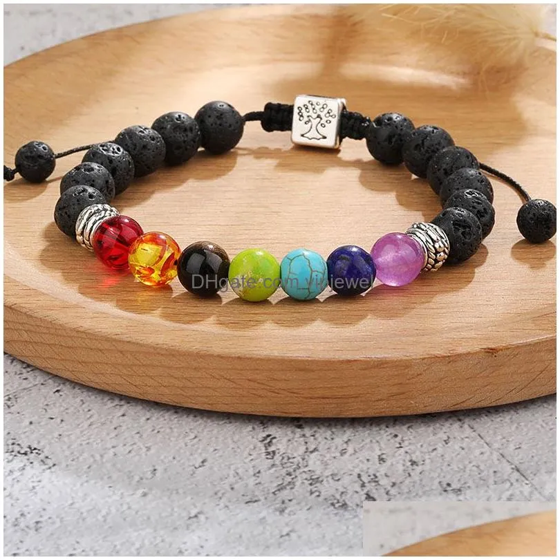  est arrival 7 chakras lava strands bracelet elastic yoga beaded rope natural stone volcanic bead bracelets for unisex good luck elephant bangle