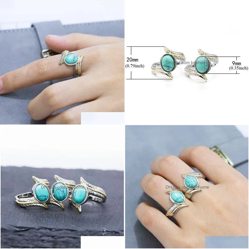 vintage personalized feather turquoises ring fashion jewelry silver color turquoises rings for women wedding finger ring wholesale