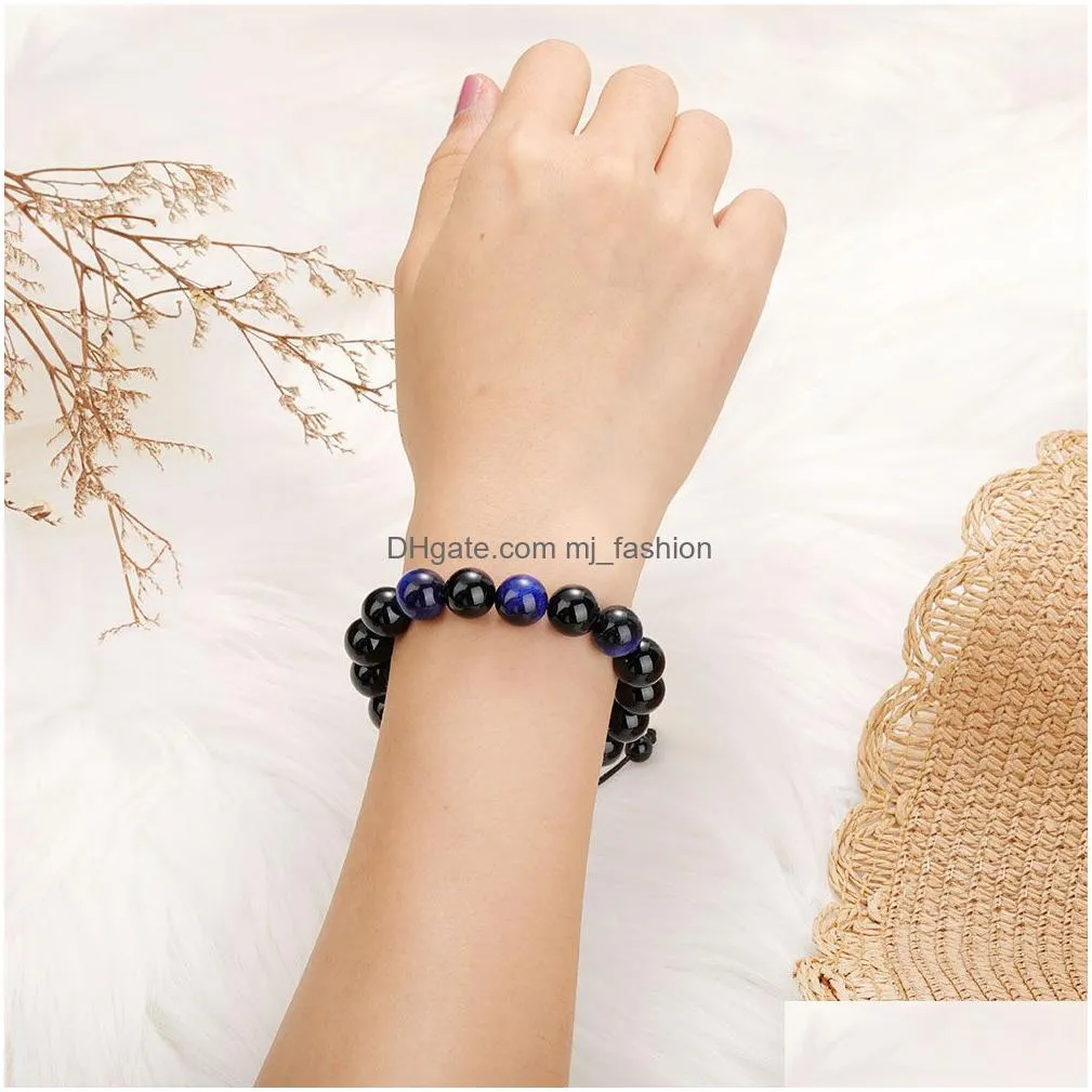 classic blue tiger eye natural stone strands bracelets adjustable size 8mm 10mm braided onyx beaded bracelet for men women couple jewelry