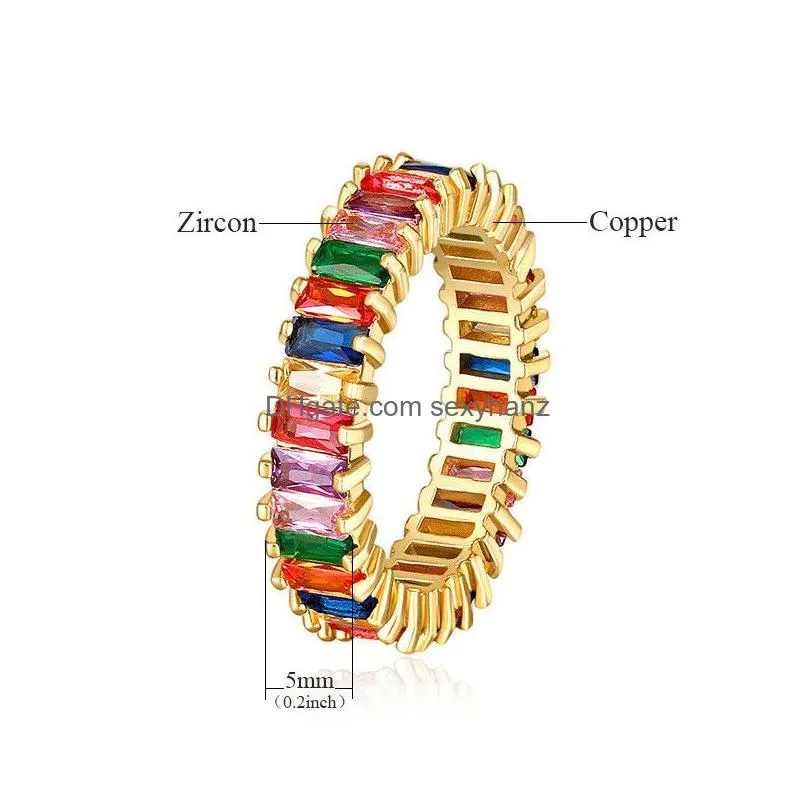 2019 fashion jewelry rainbow square baguette cz engagement ring for women gold copper cubic zirconia colorful eternity band ring