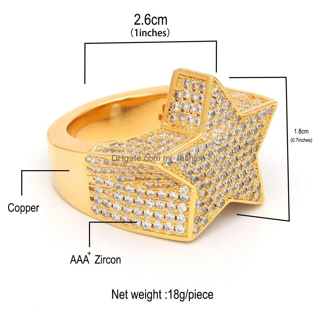 iced out diamond rings copper gold silver rosegold color plated cz star shape hip hop jewerly ring mens jewelry