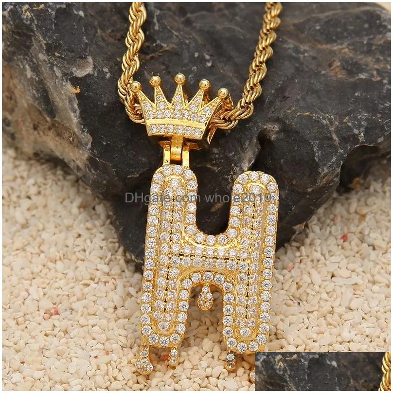 az custom name bubble letters necklaces mens fashion hip hop jewelry iced out gold silver crown initial letter pendant necklace