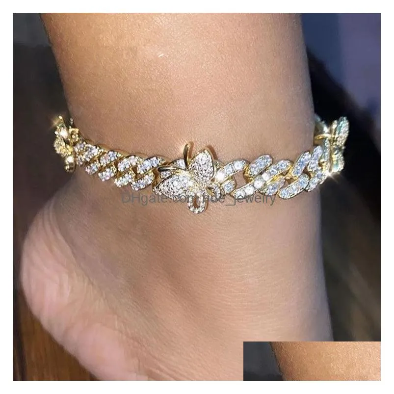 iced out diamond women body chain jewelry rhinestone cuban link anklets gold silver pink butterfly bracelets