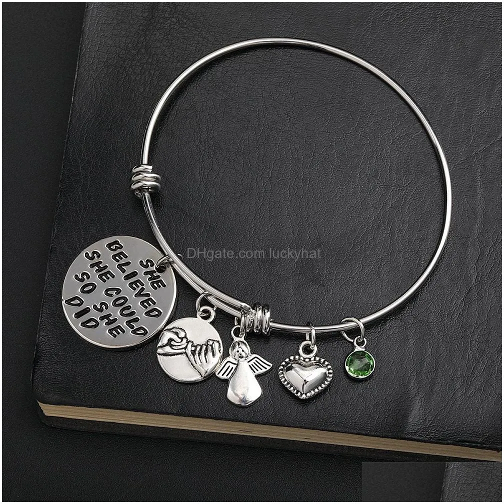 2021 high quality stainless steel bangle heart she believe herself 12 color birthstone charm bracelet for women fashion jewelry gift