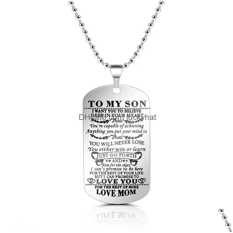 to my son husband dog tags penant necklaces stainless steel jewelry inspirational letter tag necklace for men birthday gift 2021