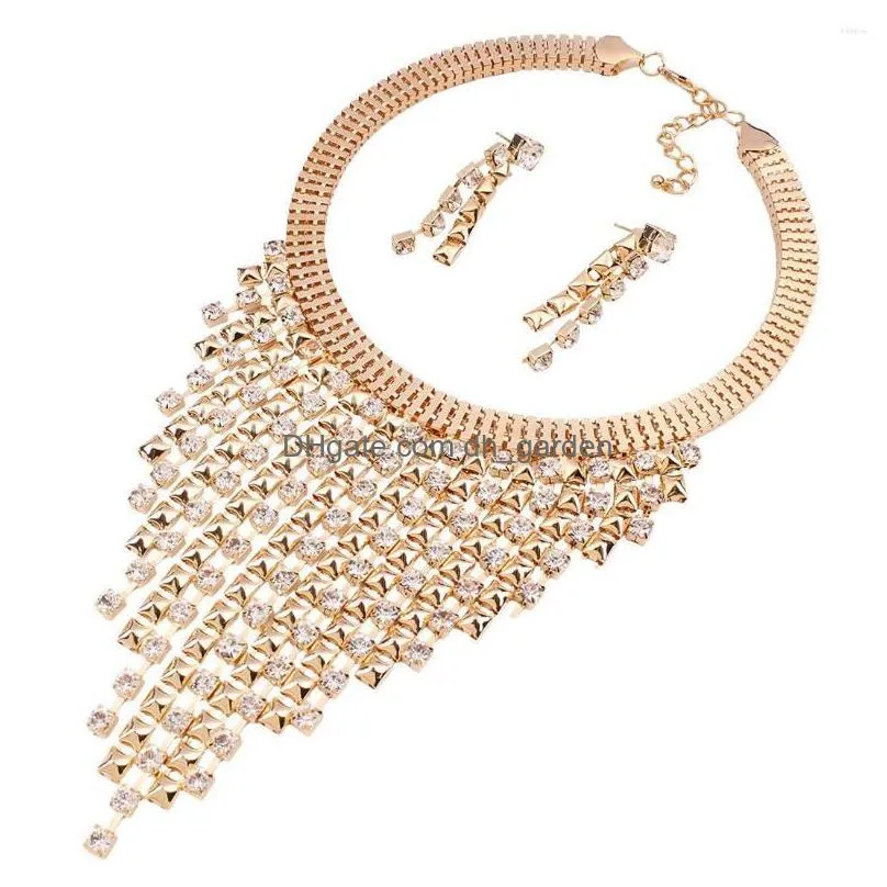 necklace earrings set fashion gold plated jewelry layered cubic zirconia tassel long and choker for women