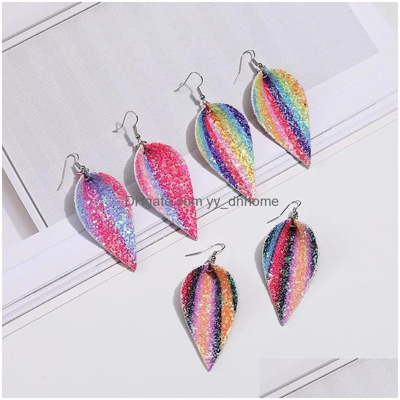  arrival fashion christmas pu leather leaf glitter dangle earring for women 6 colors sequin bling silver plating hook statement