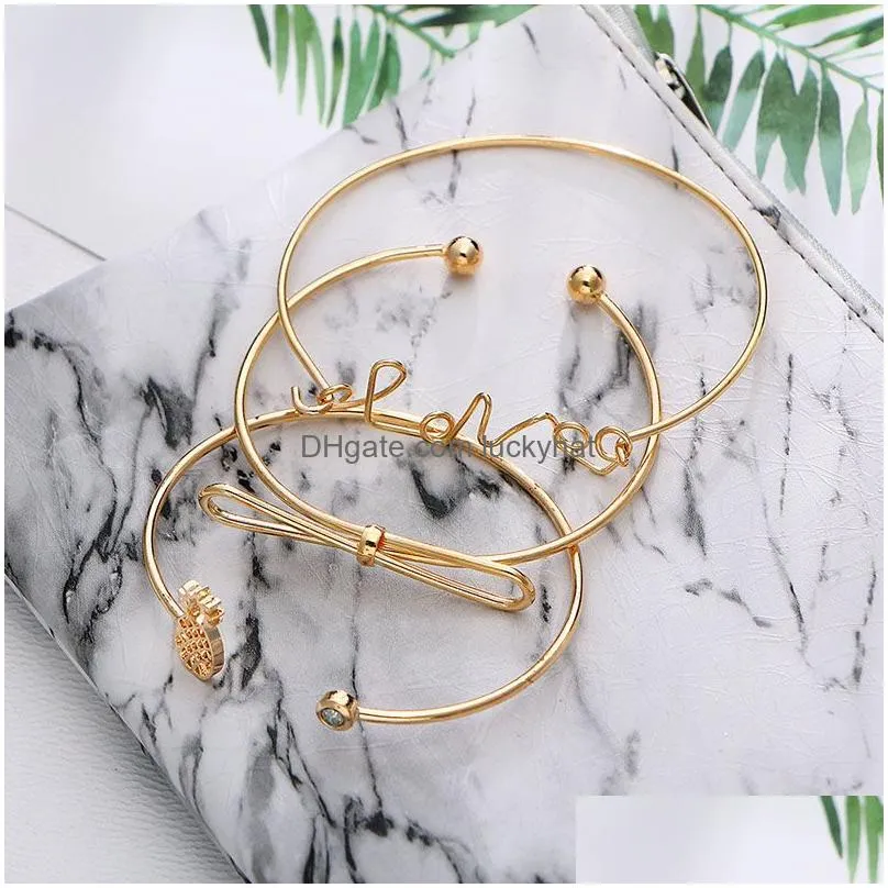 newest 3pcs set pineapple bow love letter cuff bangle bracelet for women silver gold alloy open bangle fashion jewelry set
