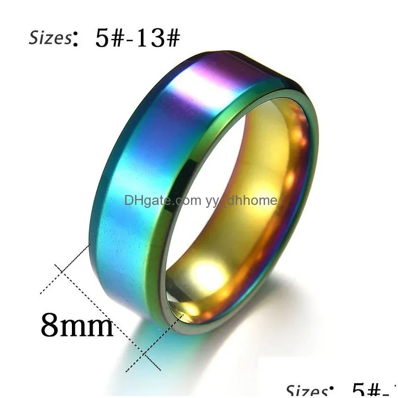 8mm rainbow stainless steel ring for men women couple rings titanium steel wedding band rings size 513 engagement jewelry gifts