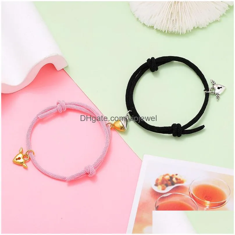 cute heart charms connection couple bracelets handmade adjustable link lover relationship bracelet magnetic jewelry set wholesale valentines day