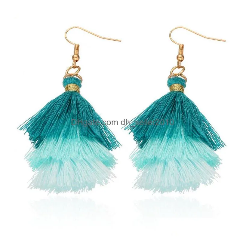 unique design three layer cotton thread earrings for women fashion colorful bohemian tassel earrings party wedding jewelry christmas