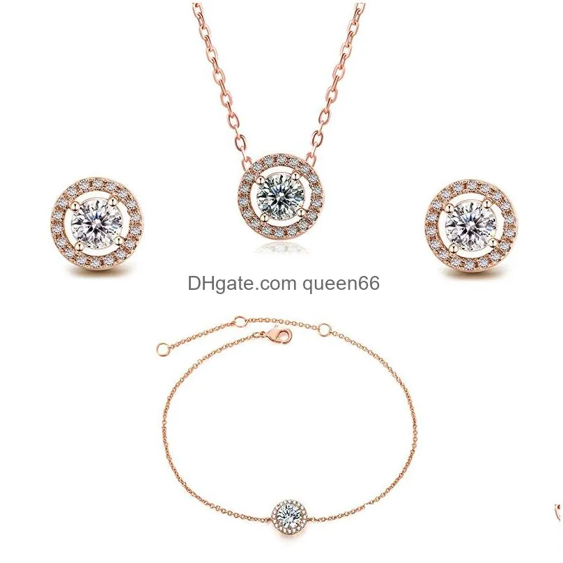 new arrival round cubic zirconia stud earring necklace bracelet for women rose gold silver crystal earring fashion jewelry set gift