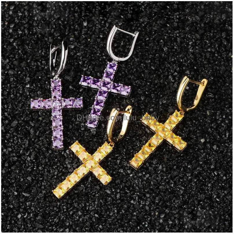 square yellow purple cubic zirconia hiphop cross earrings for mens fashion gold plated jewelry women key dangle iced out diamond hoop earings