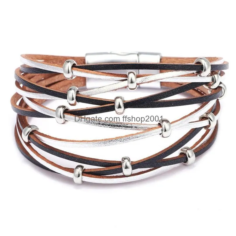 fashion gold silver beads leather charm bracelets bangles for women men multiple woven bracelet jewelry gift