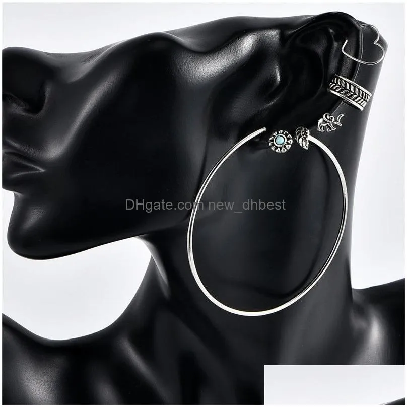 7 pcs/set silver turquoise circle heart elephant stud earrings for women big hoop dangle earring fashion jewelry gift