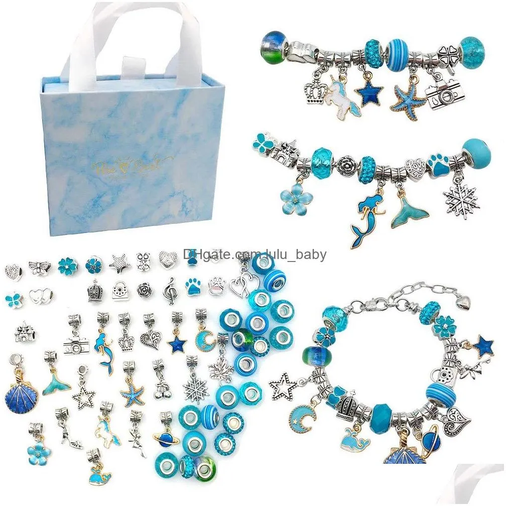 cartoon children crystal glass bead bangle bracelets diy kits for handmade jewelry makings with gift box pink blue ocean animal charm bracelet women girls