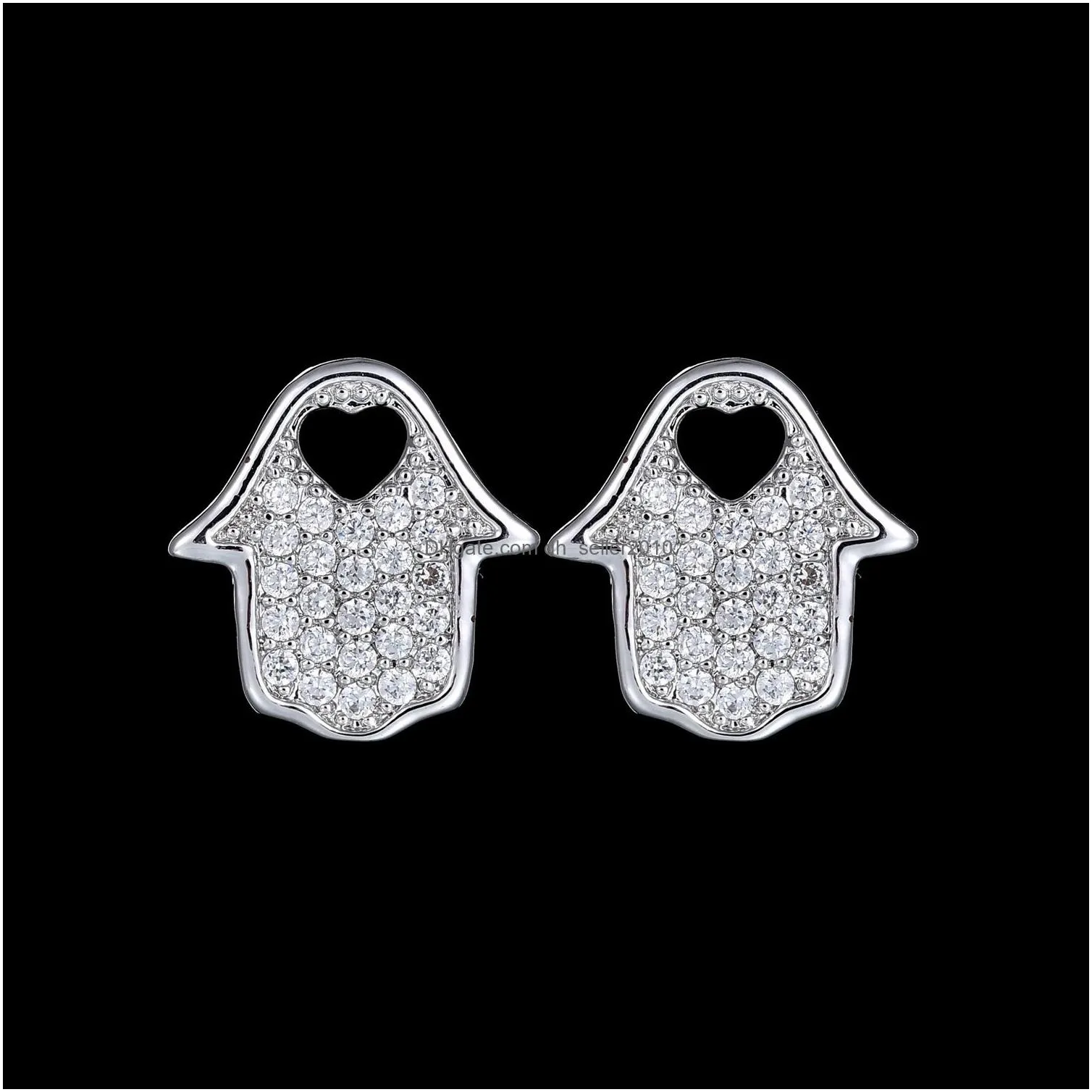 newest cubic zirconia hollow heart stud earrings for women girls evil hand pendant necklace bridal 925 silver pin earring fashion party wedding jewelry set