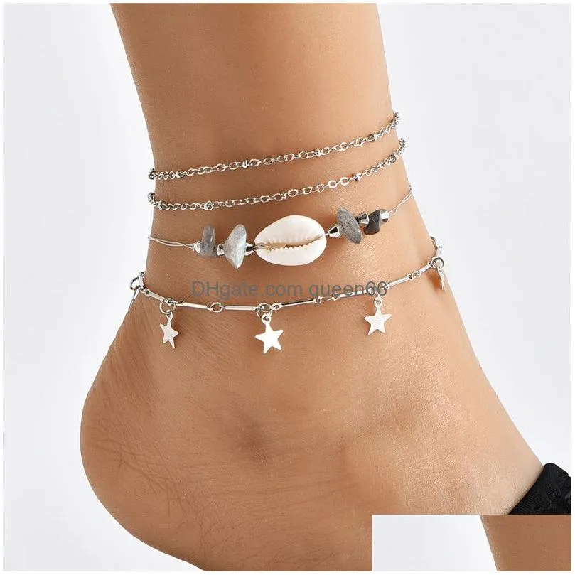 4 pcs/set vintag silver beads chain women anklets boho star natural shell stone ankle bracelet on the leg beach foot jewelry