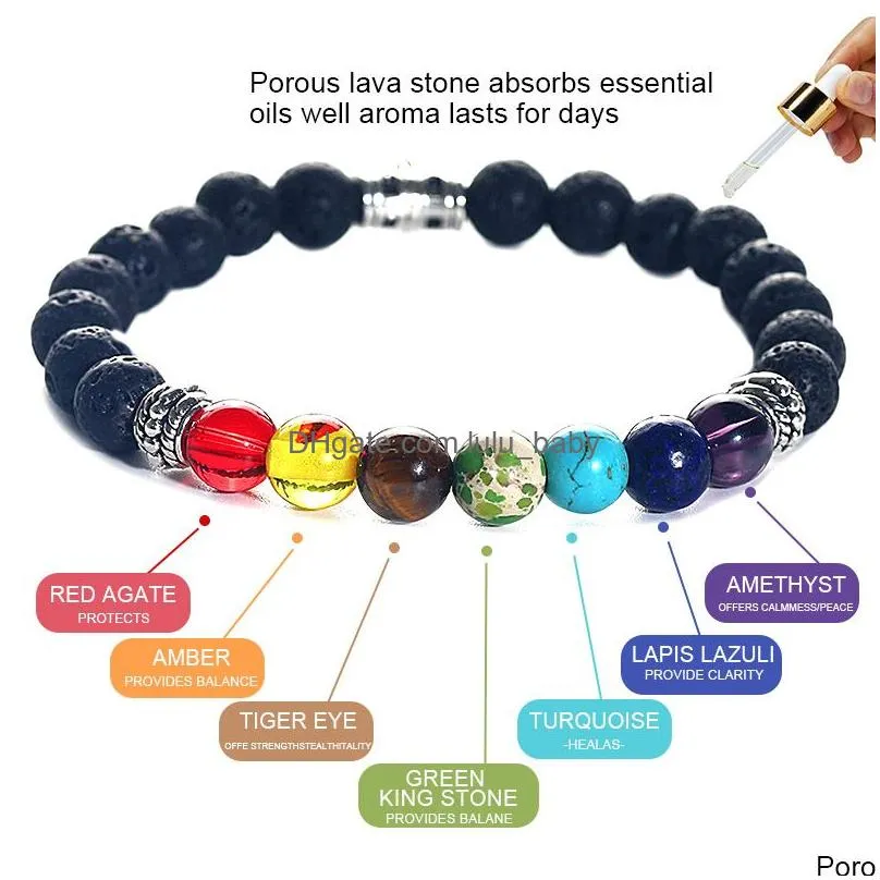 black lava stone beads charm bracelet for women men 7 chakras fashion heart love friendship elephant pendant energy yoga elastic