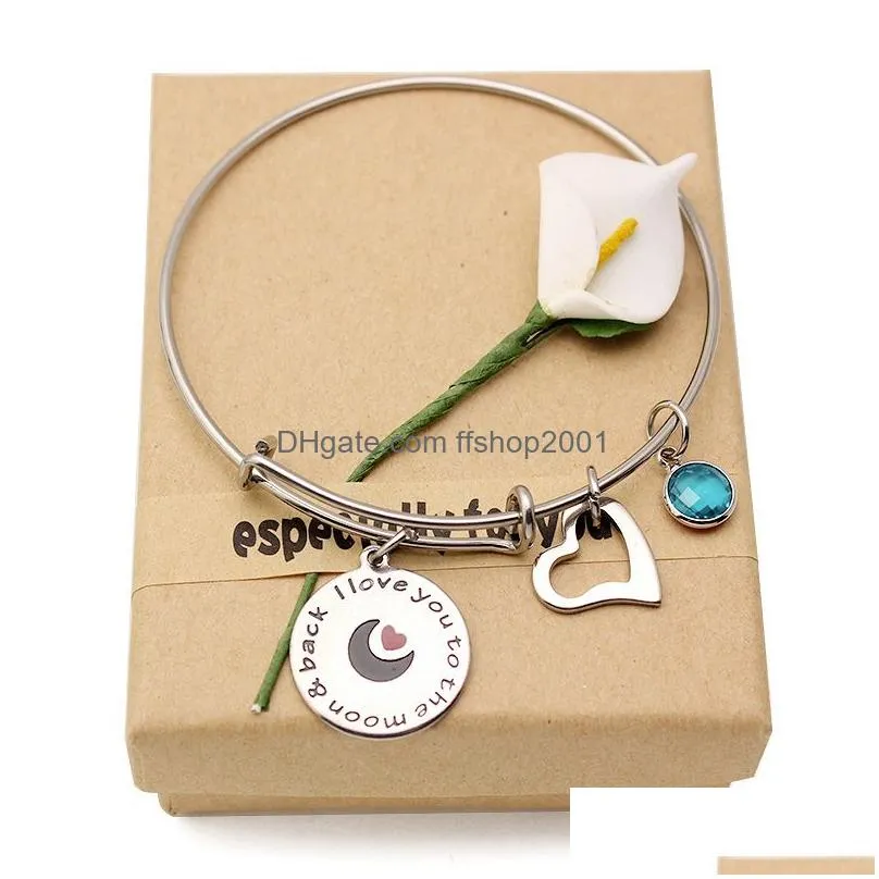 2019 high quality stainless steel heart i love you 12 color birthstone charm bracelet bangle for women fashion jewelry gift