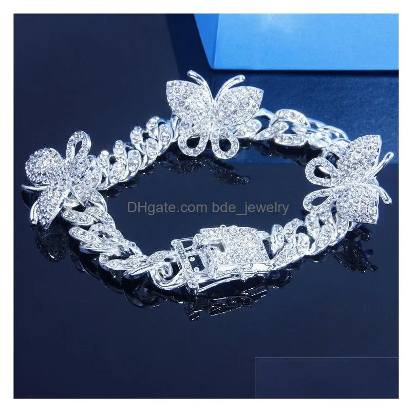 iced out diamond women body chain jewelry rhinestone cuban link anklets gold silver pink butterfly bracelets