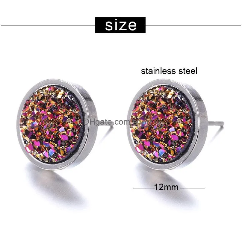  arrival 12mm handmade round crystal druzy stud earring for women men silver color titanium steel earring fashion jewelry gift