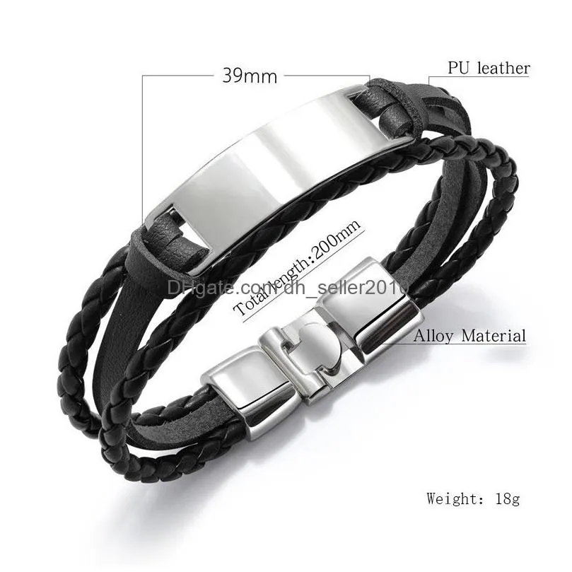high quality stainless steel engraved bracelets stackable layered bracelet leather genuine braided black bracelet for mens hand