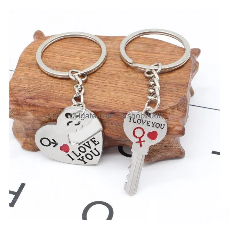 2pcs set alloy heart keychain i love you couple key chain lovers pendant key ring keychains for girls and boys 