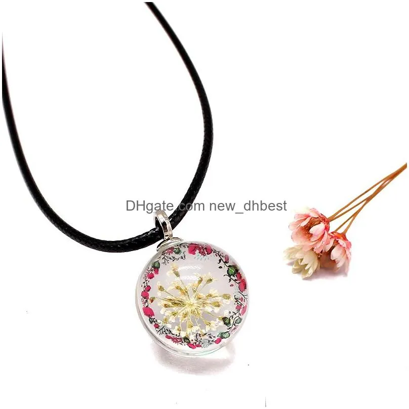 fantasy ball shape dried flower glass pendants necklace for women girls high quality black leather rope necklace fashion jewelry gift