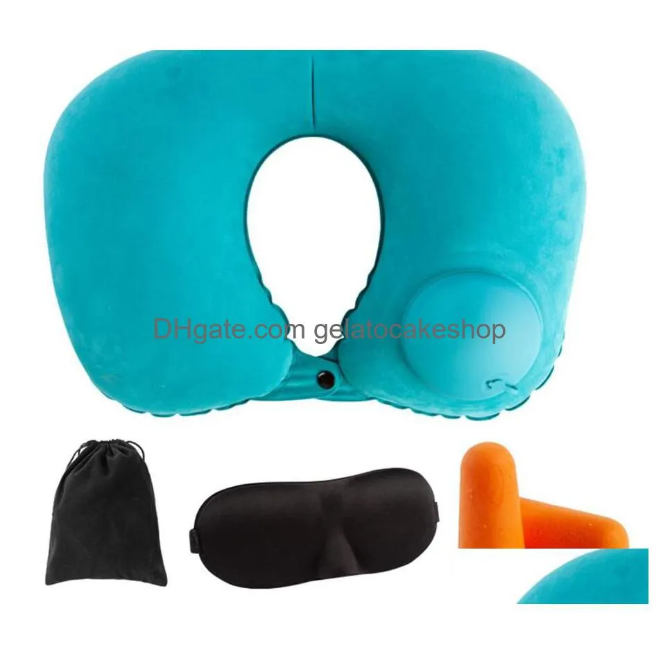 wholesale 3 in 1 travel set inflatable ushaped neck pillow air cushion add sleeping eye mask eyeshade add earplugs car soft pillow