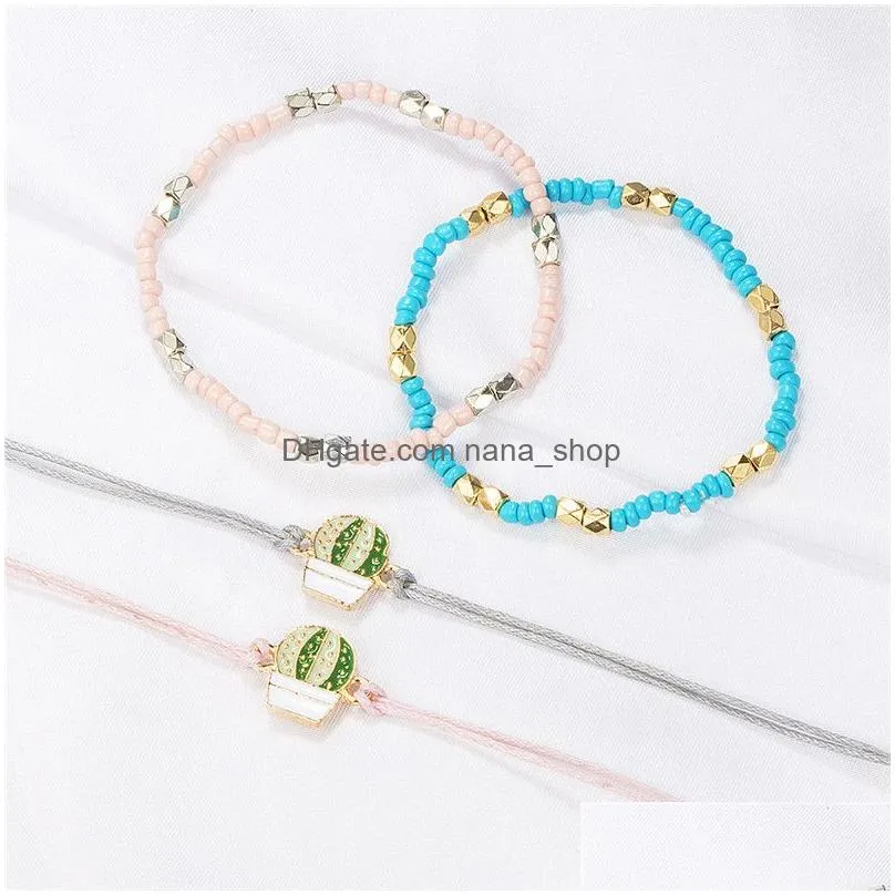 4pcs/set 2019 new cute pink blue beaded colorful rope mutilayer bracelet anklet set for women girl boho adjustable cactus layered