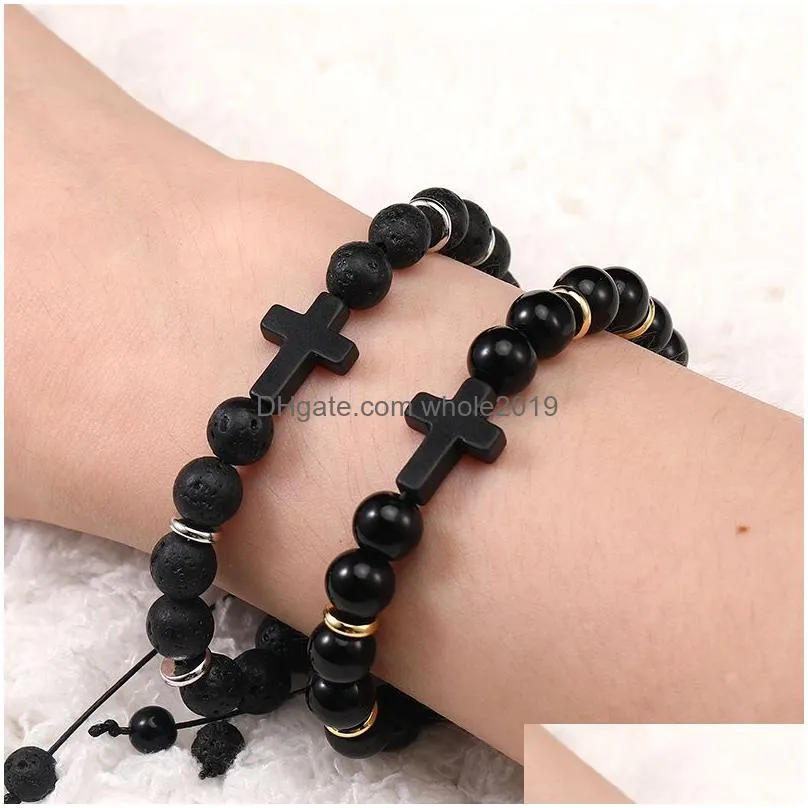 high quality natural stone agate beads bracelet for men handmade adjustable braided lava stone cross charm bracelet fashion jewelry