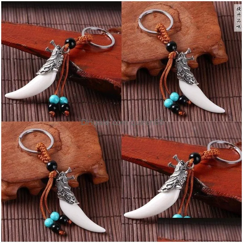 creative women and men imitation wolf tooth pendant keychains retro tassel keyrings charm car key accessories