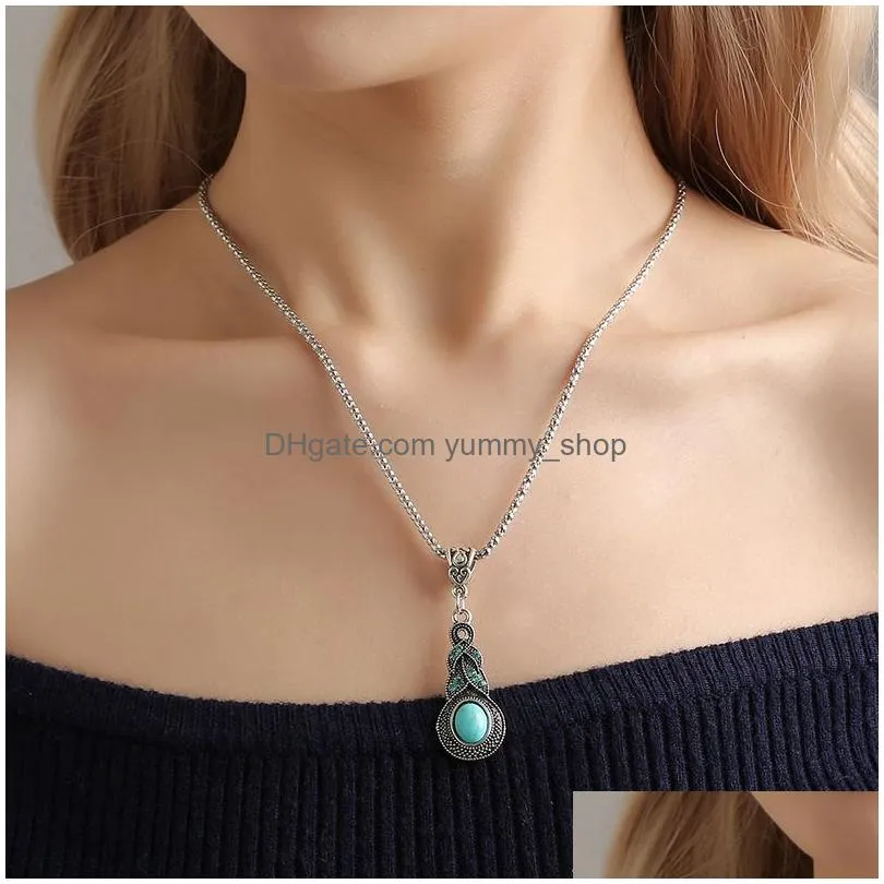 retro turquoise jewelry sets for women bohemian personality blue crystal necklace earrings vintage party wedding jewelry set