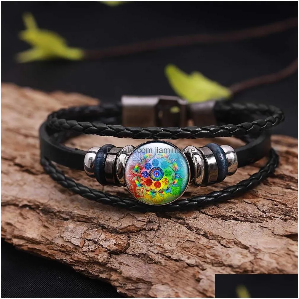 high quality multilayer leather bracelet for men women mandala flower pattern glass tray om symbol yoga buddhism charm bracelet