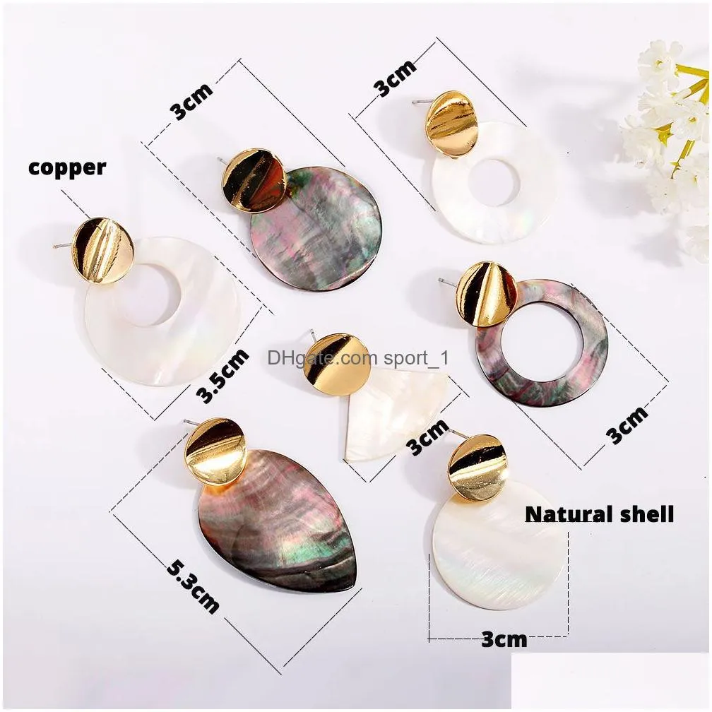 2019 geometric natural shell dangle earring for women gold plating copper double circle hollow earring fashion jewelry 2019