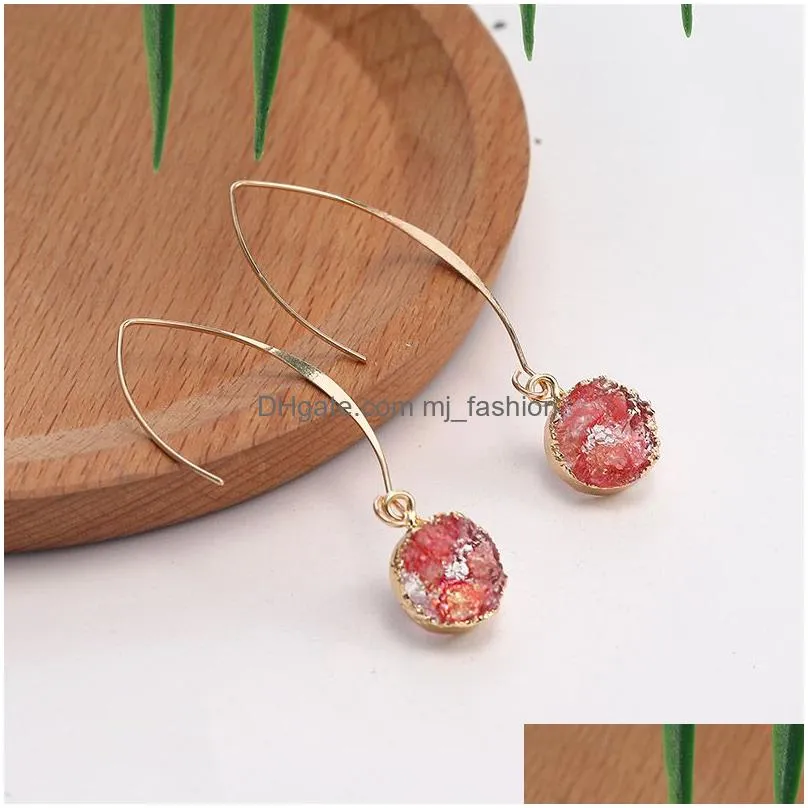 fashion design resin druzy dangle earring for women girls shell sequins drusy copper gold plating round ball shape hook drop earring