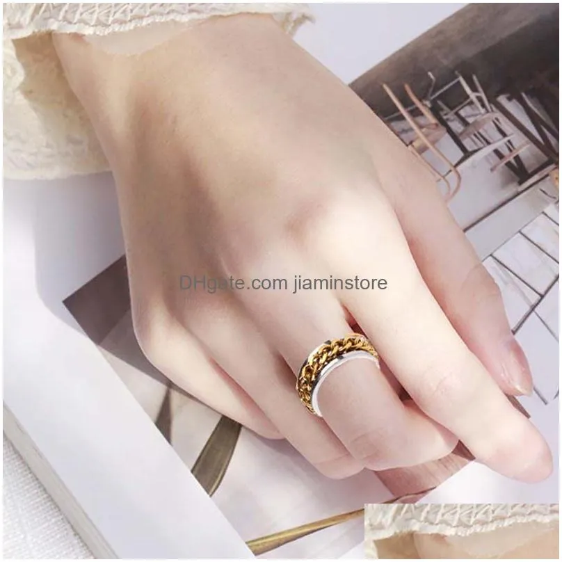 vintage stainless steel chain rotating rings personalized anti anxiety fidget band ring for women men rings trendy jewelry gift black sliver