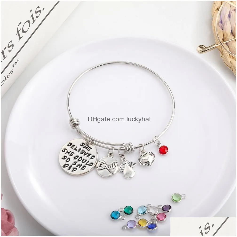 2021 high quality stainless steel bangle heart she believe herself 12 color birthstone charm bracelet for women fashion jewelry gift