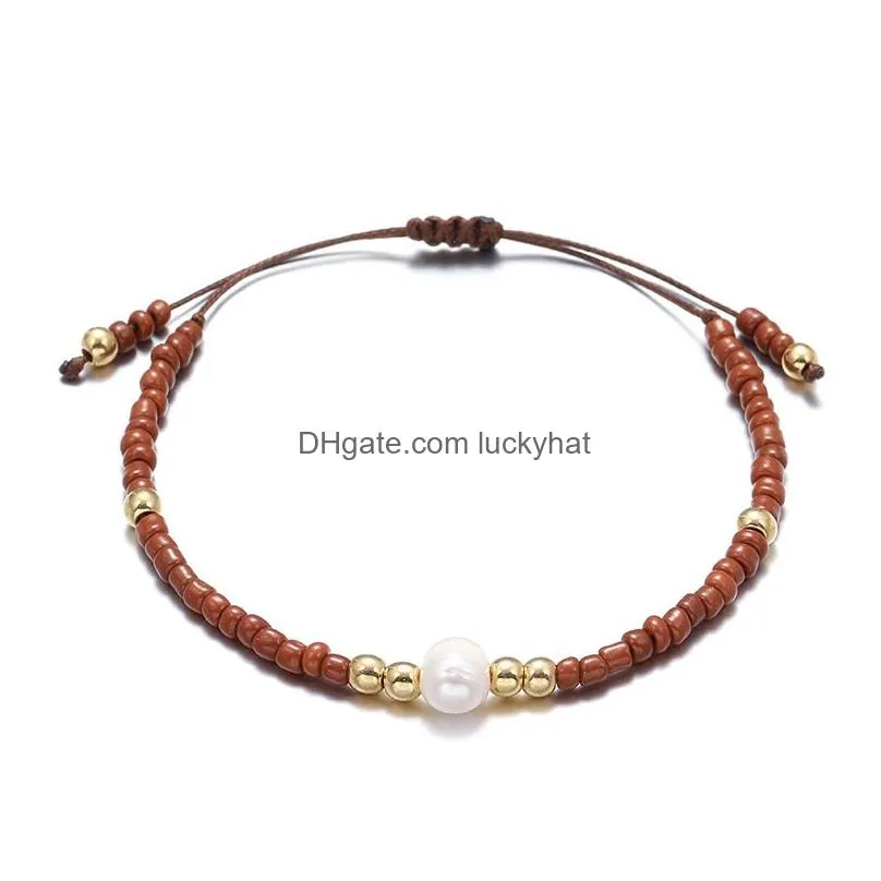 2019 new handmade woven colorful rice beads pearl charm bracelet for women adjustable size ethnic style weave rope bracelet boho