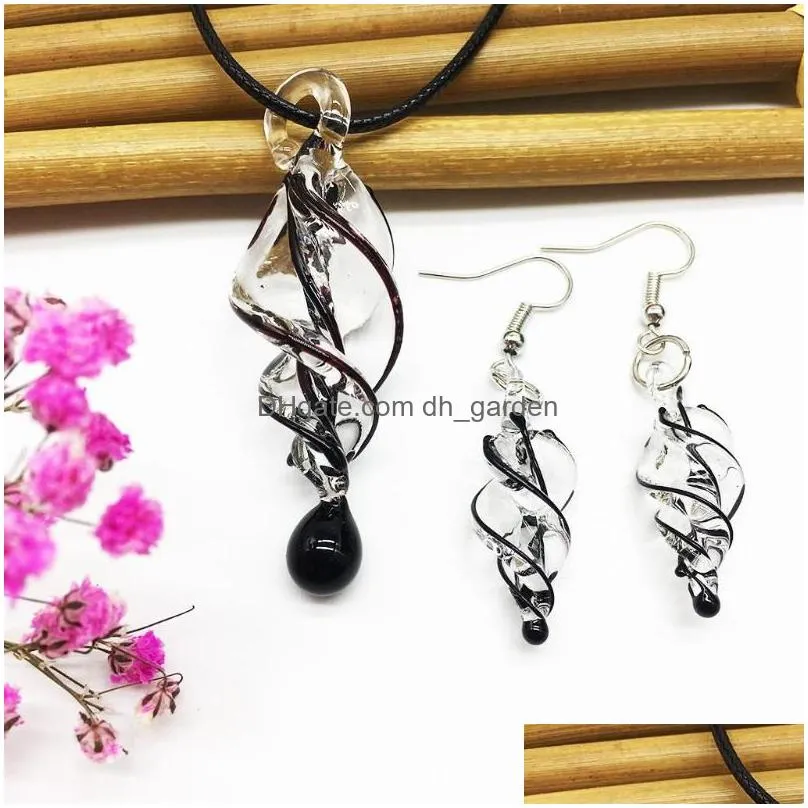 necklace earrings set black spiral whirlwind glass murora lampwork transparent pendant earring for women jewelry gift chinese style