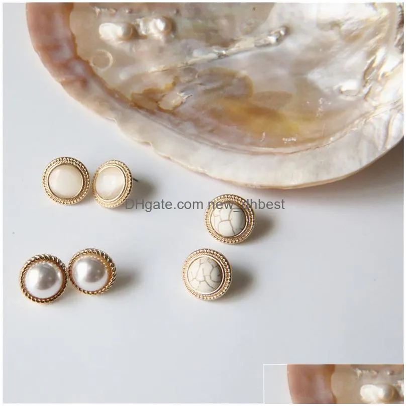2019 new japan vintage round marble opal stone big stud earrings for women fashion cat eye stone temperament pearl earring