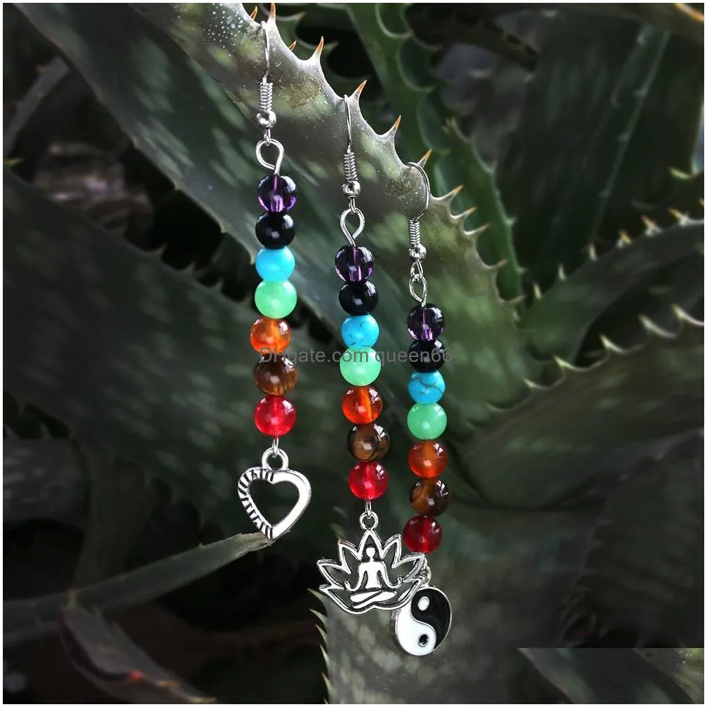 2019 new arrival colorful natural stone 7 chakra dangle earring for women lotus owl love yaga pendant hook earring fashion jewelry