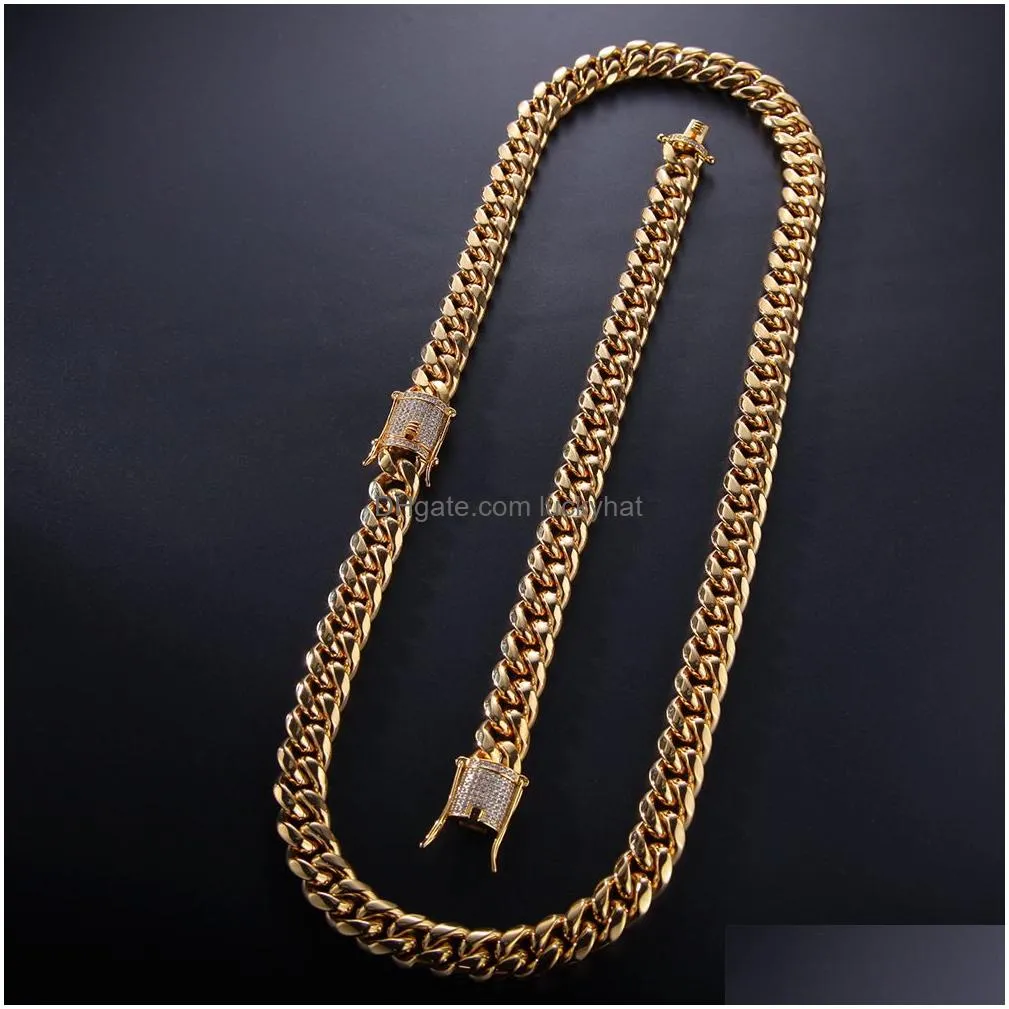 18k gold plated tone stainless steel mens necklace chains curb cuban link chain with diamond iced out keylock buckle hip hop fashion