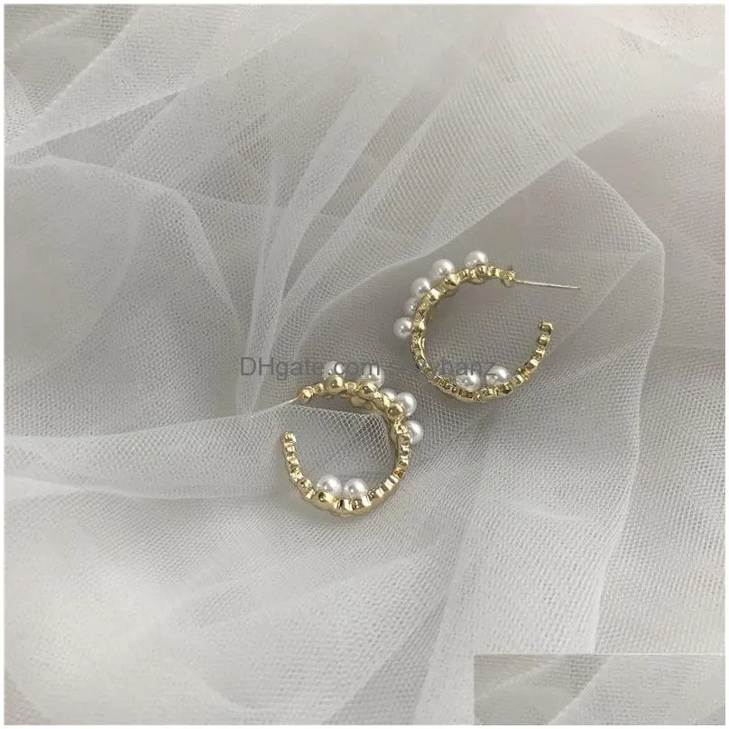 high quality c shape pearl hoop earrings for women korean style 925 sterling silver needle plated alloy crystal hoop earrings
