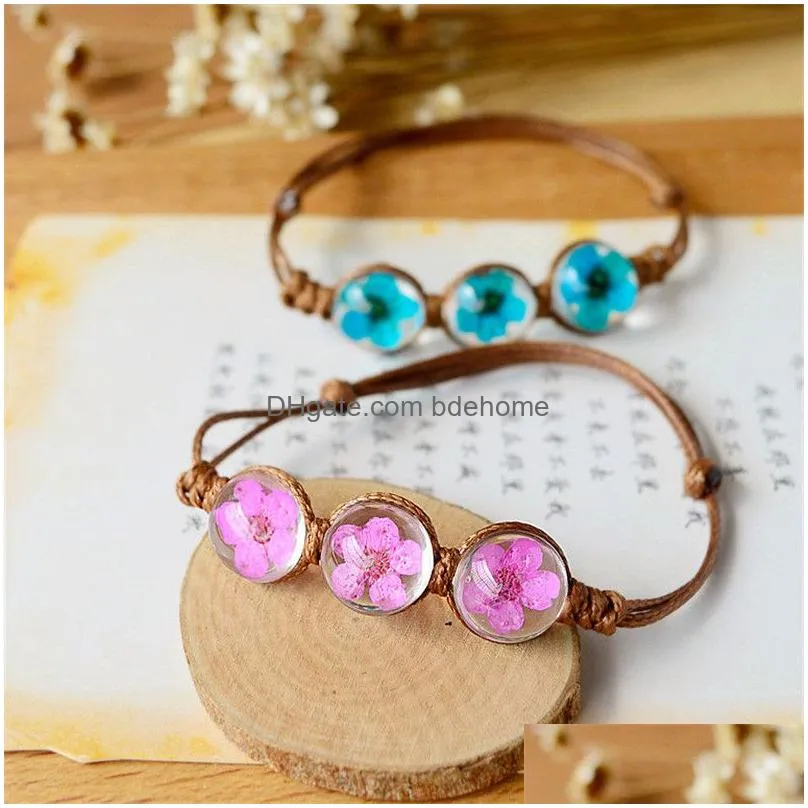 handmade dried flowers glass beads bracelet summer style glass ball woven bracelet weave lucky flower bracelets for women jewelry