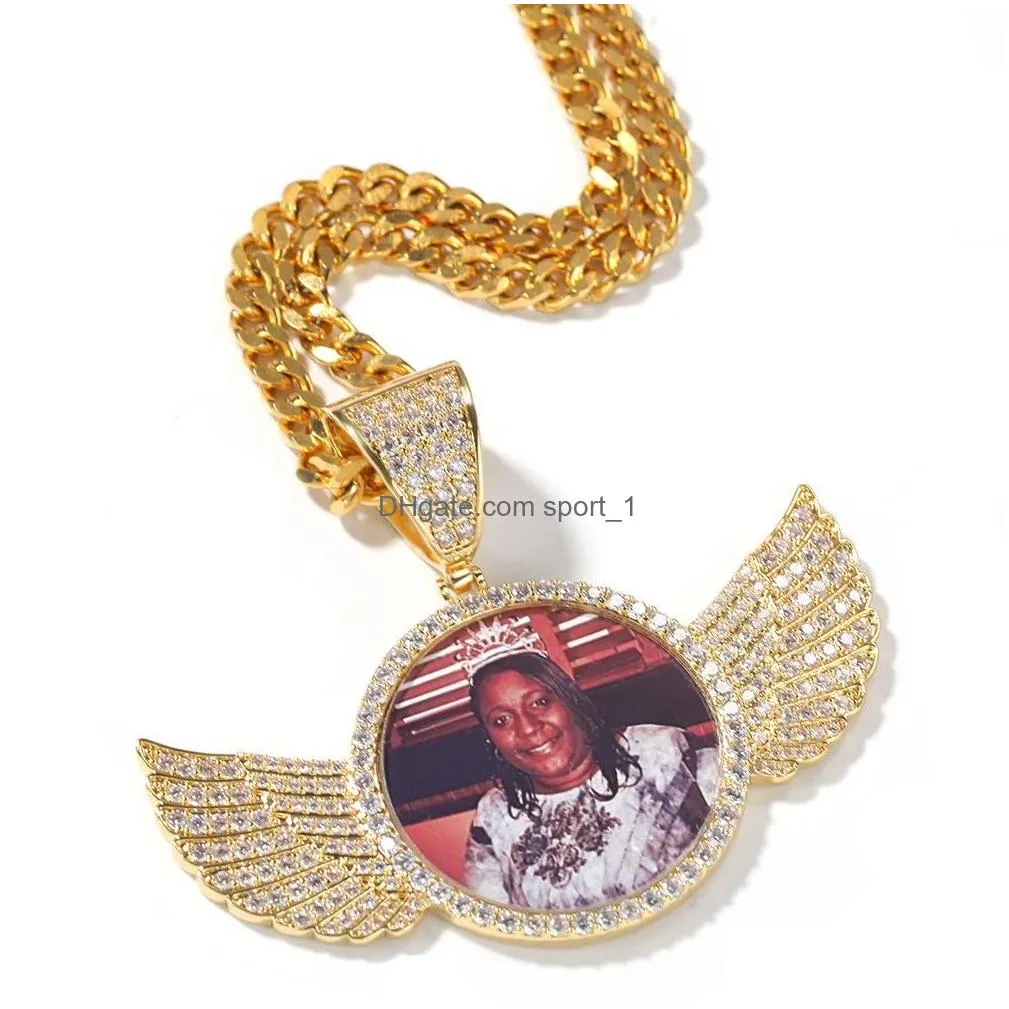 hip hop iced out custom picture pendant necklace rope chain charm round with shiny wings copper zircon jewelry for men women love gift